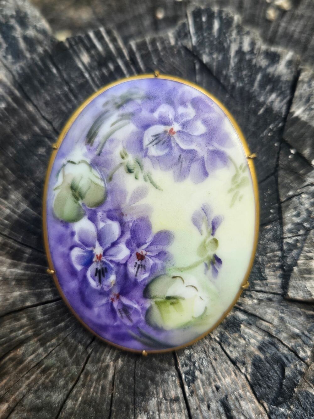 Vintage hand painted enamel purple floral brooch cottagecore victorian estate
